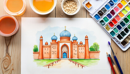 Colorful watercolor of historic architecture in artist's studio, creativity