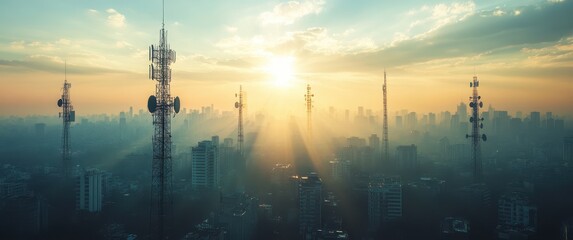 Towering communication structures silhouetted against a vibrant sunrise over a bustling city skyline, casting long shadows and showcasing urban life.