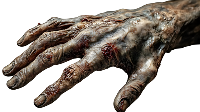 Creepy Realistic Zombie Hand Prop with Decayed Skin and Outstretched Fingers on Transparent Background - Powered by Adobe