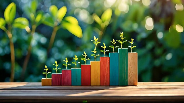 Wooden growth chart with green seedlings sprouting on each step in an outdoor setting
