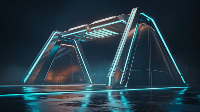 A futuristic neon-lit metallic structure with a sleek, cyberpunk-inspired aesthetic in a moody, misty environment ai generated