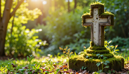 Ancient cross covered in moss in a forgotten garden setting, renewal
