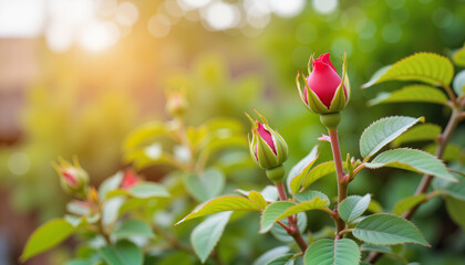 New rose buds blooming in backyard garden at sunrise, Spring beauty