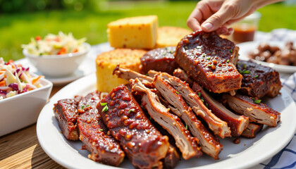Delicious lamb ribs with barbecue sauce on picnic table, summer feast