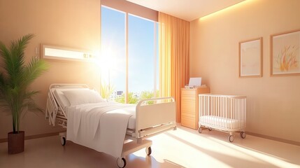 Fototapeta premium Serene Hospital Room with Sunlight, Bed, Crib, and Warm Color Palette