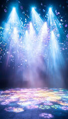Stage lights illuminate confetti and a colorful floor.