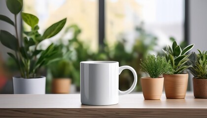 White Coffee Mug Mockup on Desk with Potted Plants Simplistic Serenity Amidst Natures Verdure, Perfect for Modern Minimalist Design and Digital Art.