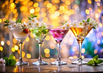 Glasses of cocktails with spring flowers on bokeh lights background