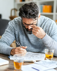 Stressed man working at home, reviewing documents, tired, headache.