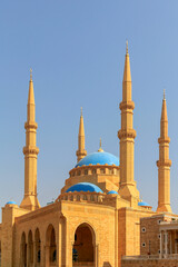 Beautiful Mohammad Al-Amin Mosque With Blue Domes and Majestic Minarets Under Clear Sky,  Beirut, Lebanon