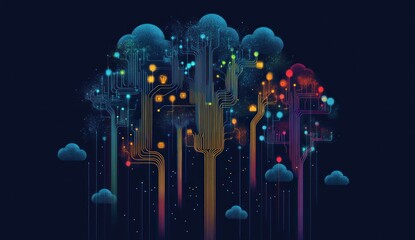 Abstract digital cloud tree network graphic, dark background