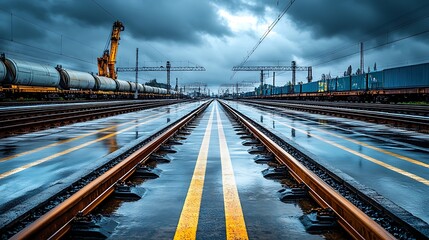 Naklejka premium Industrial railway tracks in rain, stormy sky, cargo containers