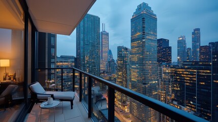 Obraz premium Modern Urban Balcony View at Dusk Overlooking City Skyline with Glowing Lights and Buildings