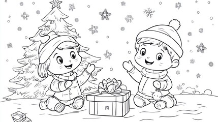 Children sharing a Christmas gift, winter scene, coloring book