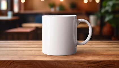 Minimalist Aesthetics Blank White Mug on Rustic Wooden Tabletop, Perfect for Digital Art, Home Decor, or Design Inspiration