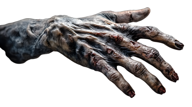 Creepy Realistic Zombie Hand Prop with Decayed Skin and Outstretched Fingers on Transparent Background