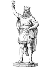 Fototapeta premium Majestic king raising a goblet in celebration surrounded by ancient symbols of power and nobility in an engraved style tattoo design