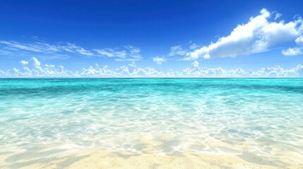 Obraz premium Tropical beach scene, calm ocean water, sunny sky, idyllic vacation