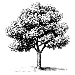 Intricate engraved illustration of a flourishing tree with abundant foliage, perfect for artistic inspiration and tattoo design ideas