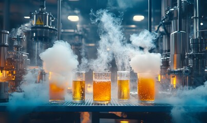 Industrial brewing process in a laboratory with experimental liquid in glasses