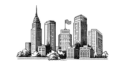Fototapeta premium Engraved illustration of a city skyline showcasing modern architecture and historical elements with intricate details