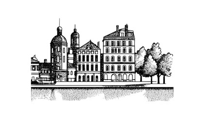 Fototapeta premium Engraved vector illustration of a historic riverside cityscape with detailed architecture and lush trees