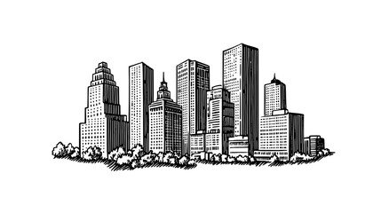 Obraz premium Urban skyline engraving showcasing a dynamic cityscape with modern architecture and lush greenery in the foreground