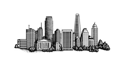 Engraved urban skyline with intricate details showcasing buildings, trees, and a vibrant city life in a contemporary artistic style