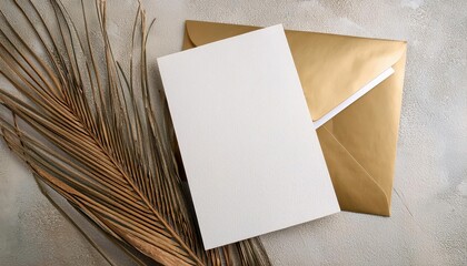 Chic, rustic wedding invitation card mockup featuring a dried palm leaf motif and textured envelope against an earthy, distressed backdrop perfect for boho or tropical nuptials.