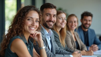 Diverse group of smiling professionals in business attire at meeting, workshop. Team discussion consultation in positive collaborative atmosphere. Corporate business people during brainstorming