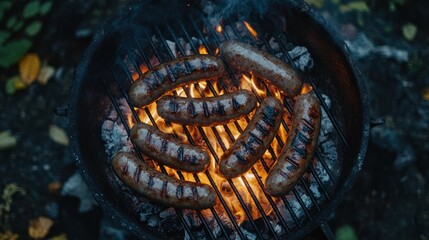 Grilled sausages on a charcoal grill.