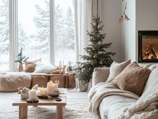 Cozy living room featuring winter decorations and fireplace