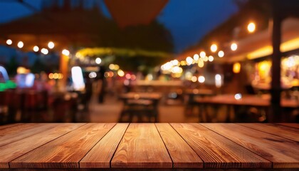 Blank Wooden Tabletop Amidst a Mockup of an Evening Mexican or Italian Cafe Interior in a Blurred Ambiance, Depicting a Serene and Intimate Scene Perfect for Digital Art, Home Decor, or Design