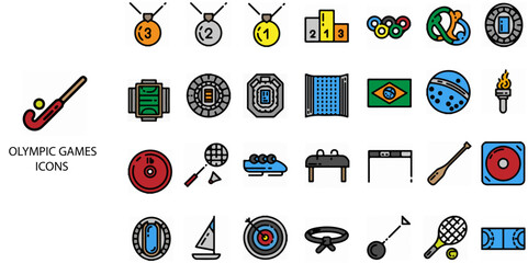 Olympic Games simple concept 24 colour icons set. Contains such basketball, judo, archery, swimming, golf, hockey .Vector illustration.