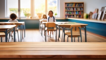 Rustic Serenity A Vintage Wood Table Top amidst the Hazy Ambiance of a Blurred Schoolroom, Infusing a Nostalgic and Artistic Touch