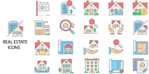 Real Estate simple concept 28 Colour icons set. Contains such building, house, apartment, sale, rent, mortgage. Vector illustration.