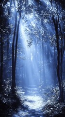 Obraz premium Enchanted Forest Path with Mystic Light Beams Illuminating the Way