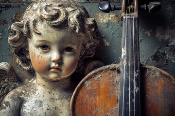Dust-covered cherub beside aged violin