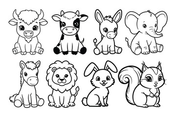 Obraz premium Cute Baby Animals Line Art Collection silhouette vector.