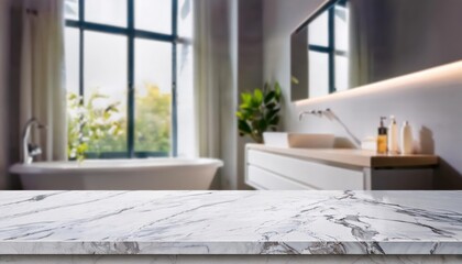 Elegant Marble Countertop in a Mysterious Blurred Bathroom Backdrop, Perfect for Design Inspiration and Montage Creations.
