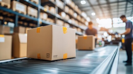 Cardboard box on conveyor belt in warehouse