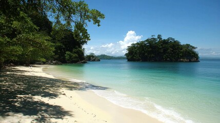 Tropical beach paradise, lush island, turquoise water, clear sky