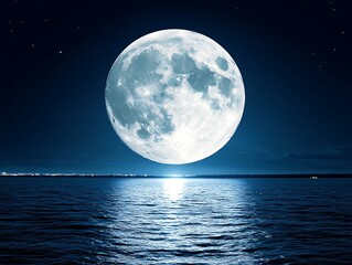 Luminous moon reflecting on calm waterscape at tranquil night scene