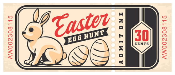 Easter egg hunt retro ticket template. Vintage invitation for Easter holiday event with bunny graphic. Vector image.