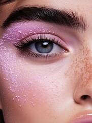 Obraz premium Close up of a model showcasing vibrant makeup with textured pink accents and naturally radiant skin tones