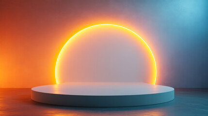 Fototapeta premium Lighting design features an illuminated circular stage against a vibrant backdrop during a nighttime setting