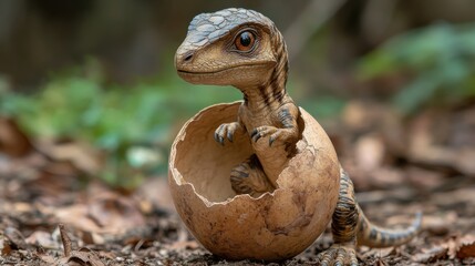 Fototapeta premium New Life: A Baby Dinosaur Emerges from Its Egg into a Lush Prehistoric Habitat