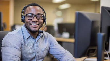confident male call center agent wearing glasses and a headset, engaging in a customer conversation. 