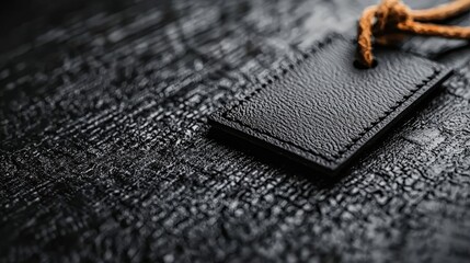 minimalist black leather tag on textured dark surface, evoking elegance and simplicity