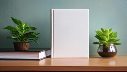 Book Cover Mock up Template with Green Plant Decoration and Modern Table Setting, Featuring a Striking Balance of Nature and Minimalism Ideal for Digital Art, Home Decor, or Design Inspiration